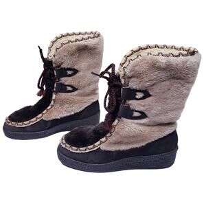 Vintage SNOWLAND Faux Fur Lace Up Winter Boots Women's Size 6 Faux Sherpa Lined